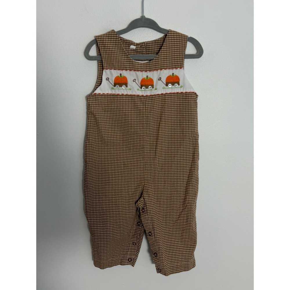 Unbranded Pumpkin Smocked Gingham Longall Brown White 12M Unisex Fall Jumpsuit